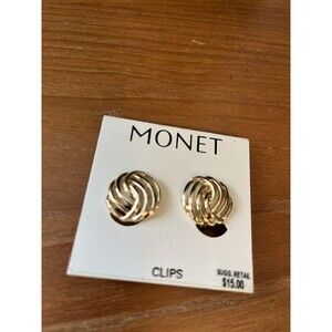 Vintage Monet Modernist Gold Tone Swirl Clip On Earrings New Old Stock Signed